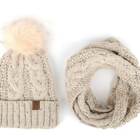 Hat and Scarf Set Knit Tweed Faux Fur Pom Pom NEW - Picture 2 of 8